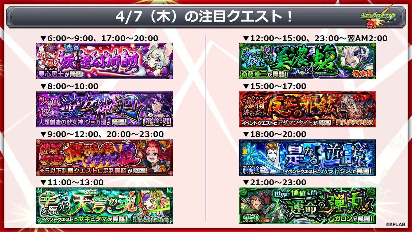 モンスターストライク公式 モンスト 明日 4 7 の注目クエスト 戦国風雲絵巻 巻ノ八 集めてラック楽キャンペーン 開催中 獲得ラック合計数99以上でスペシャル報酬が2倍に T Co Ffof5inh1x 出現期間は ゲーム内スケジュールを