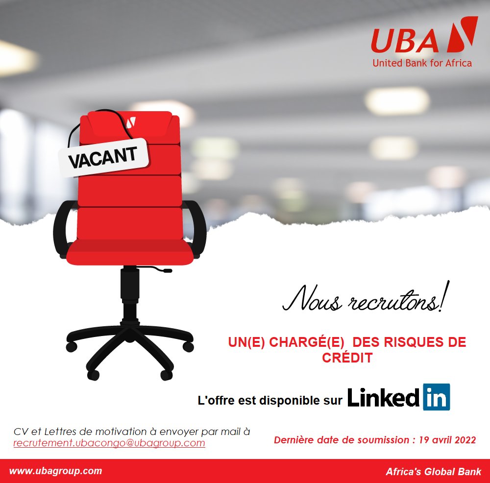 UBACongo's tweet photo. #Urgent #OffresdEmploi

Nous recrutons un(e) chargé(e) des risques de crédit.

Merci d'envoyer vos CV et Lettres de Motivation à l'adresse recrutement.ubacongo@ubagroup.com au plus tard le 19 avril 2022.

Plus d'informations sur https://t.co/WsA8Bl5hua

#Recrutement #JobAlert https://t.co/nH6zgpKg3I