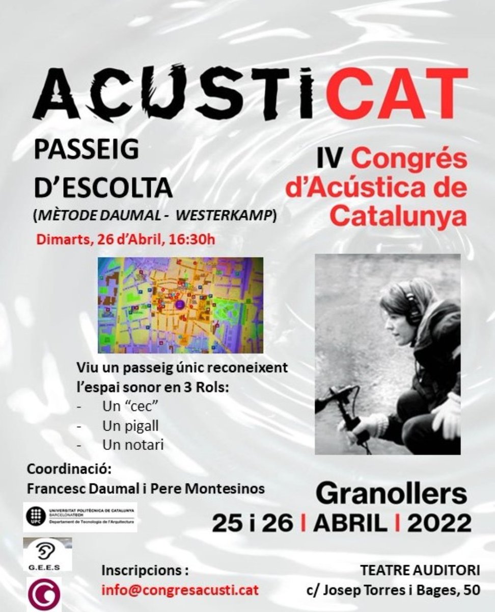 acusti_cat's tweet photo. Vols viure un #soundwalk únic descobribt l'entorn sonor de #granollers? Un Cec, un Pigall i un Notari. Reserva la teva plaça a: Info@congresacusti.cat Guiats per #francescdaumal @la_UPC i el #peremontesinos @Pemonblas @wldbcn @granollers @GRN_cultura #patrimonisonor #westerkamp https://t.co/P2exLttdoh