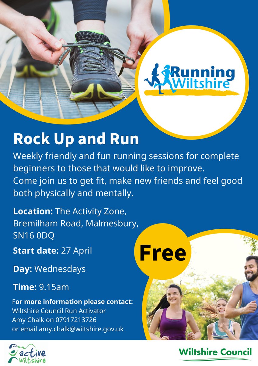 Sport4Wiltshire's tweet photo. Why not join us for our fun, friendly and supportive running groups starting on the 27 April in #Malmesbury and 28 April in #Corsham. 
No need to book a place, just #RockUpAndRun
#WeAreWilts #MoveMore
@wiltscouncil @AlexaDaviesCEM @RosGriffithsCEM @WiltsSport @HWWilts https://t.co/Gp7MJls6kX