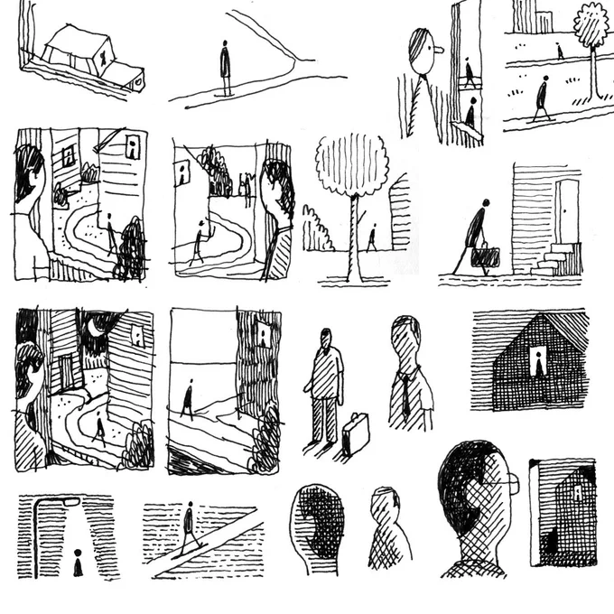 Here's some of my work leading up to the cover. 1. Notebook doodles, 2. An alternative idea, 3. ink drawing for the cover, 4. An unused night-time version. 