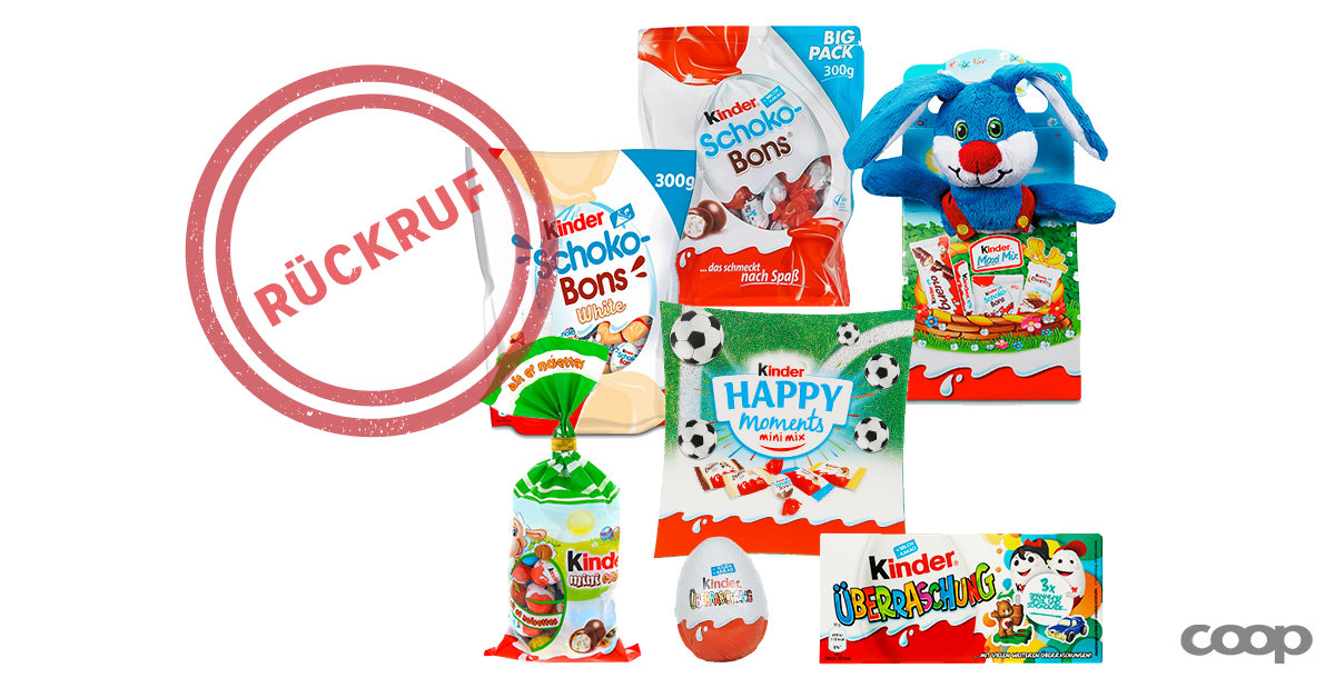 Ferrero ruft vorsorglich zahlreiche Produkte der Linie Kinder zurück. Davon ist auch Coop betroffen. Die Produkte können mit Salmonellen verunreinigt sein. Es wird empfohlen, die Produkte nicht zu konsumieren. Mehr Informationen: bit.ly/36WFCwh
