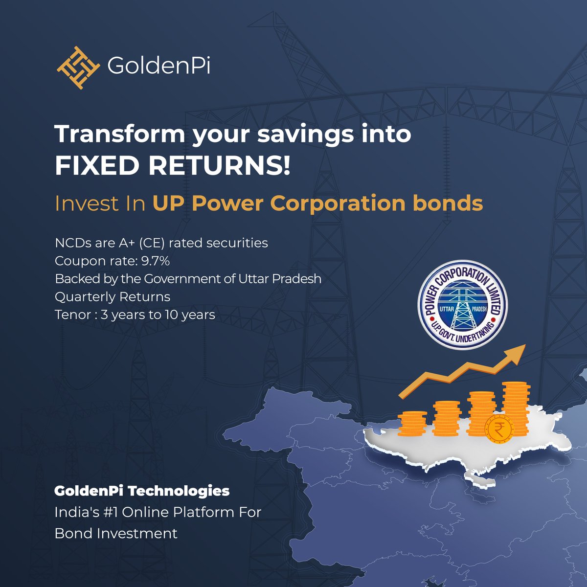 GoldenPiTech's tweet photo. Be prepared for the long run by investing in UP Power Corporation bonds!
Know More:
https://t.co/1hXEjUqzu9
Start Investing:
https://t.co/atMBRlknod
#goldenpi #investment #rightinvestment #investmentindia #learn #bonds #fixed #income #incomestreams #statebond https://t.co/dw4fftIgGD