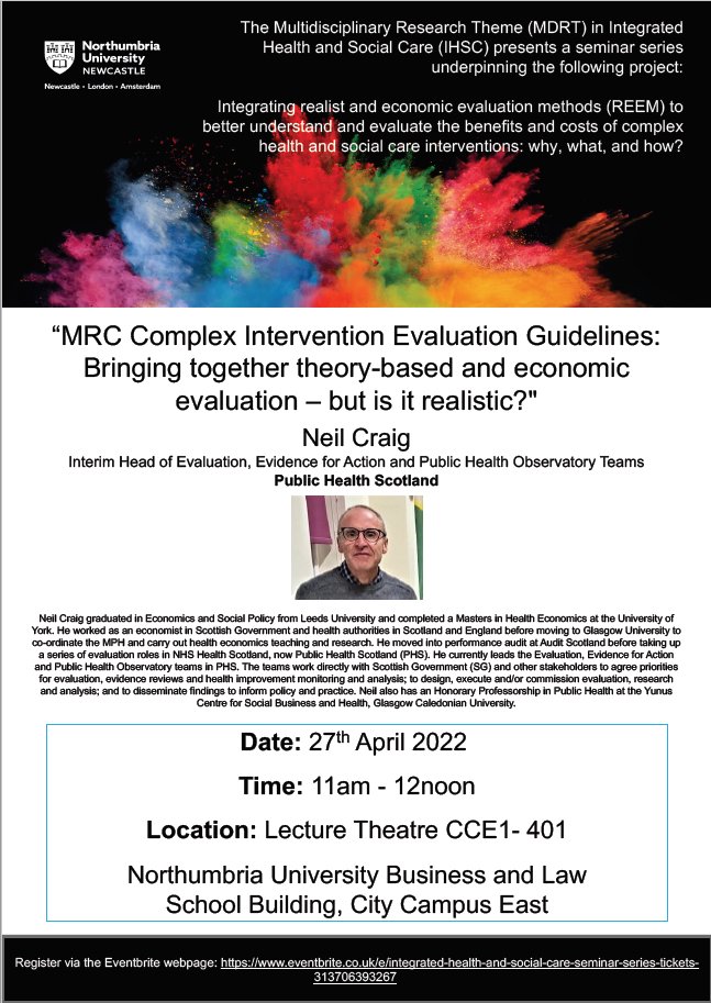 Exciting new seminar series hosted by Multidisciplinary Research Theme (MDRT) in Integrated Health and Social Care (IHSC) and @nrealists at Northumbria University. Kicks off with Neil Craig. Please see below for details and link to register in comments. Please RT and share widely