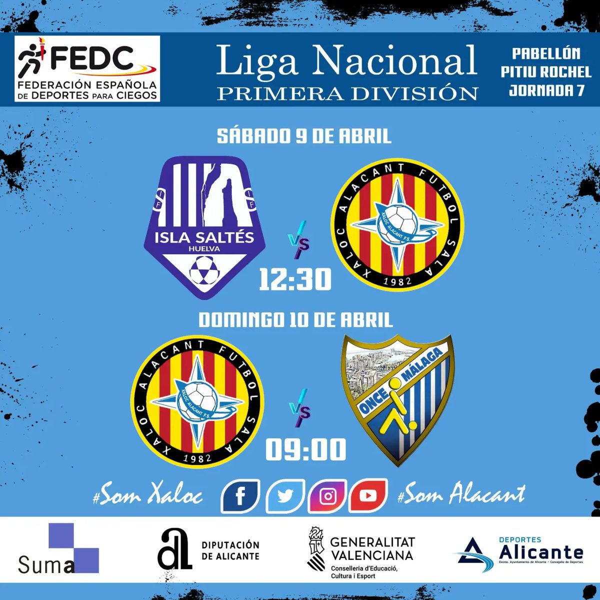 ¡¡𝗘𝘀𝘁𝗲 𝗳𝗶𝗻 𝗱𝗲 𝘀𝗲𝗺𝗮𝗻𝗮 𝗲𝘀 𝗲𝘀𝗽𝗲𝗰𝗶𝗮𝗹!!🔝⚽
Alicante va a ser la Sede oficial de la 7ª Jornada de la Liga Nacional de Primera División de deportes para ciegos.
El pabellón Pitiu Rochel albergara la disputa de todos los encuentros de la jornada.