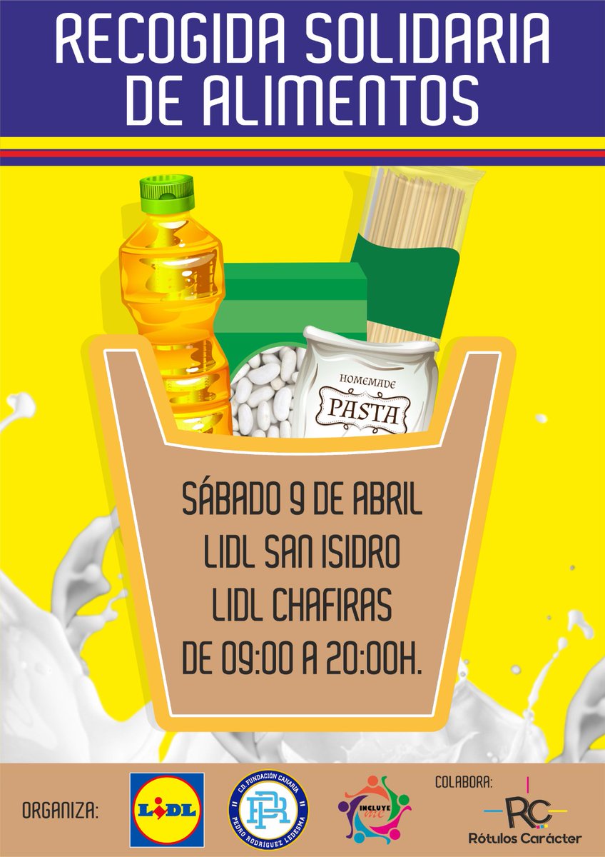 ¡Recogida solidaria en Lidl Chafiras y Lidl San Isidro a favor de la Asociación Inclúyeme! 🙌

📅 Sábado, 9 de abril
⏰ 9:00 a 20:00 horas
📲 fb.me/e/1XYSlb5v5

Dona y ayuda a familias de Granadilla de Abona y San Miguel de Abona 🤝

#fundaciónPedro #amigosdelaFundación
