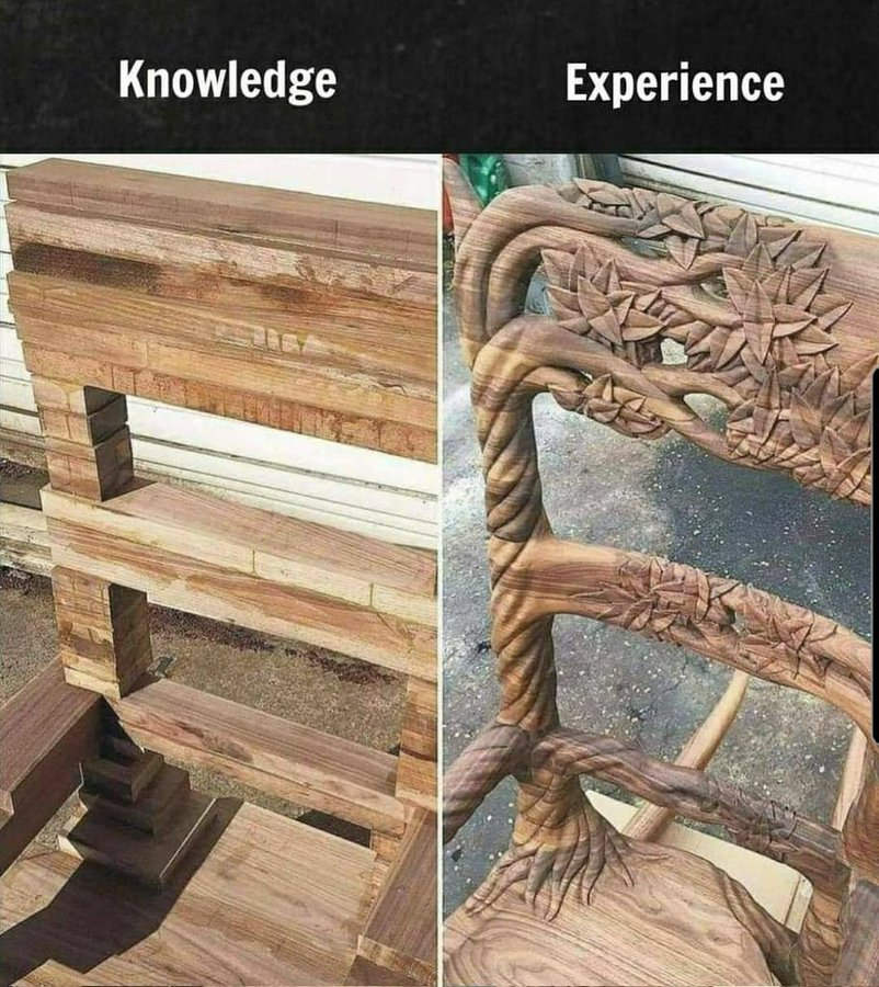 HelenBevan's tweet photo. For change/improvement, what's the difference between knowledge &amp; experience? Building knowledge of methods &amp; approaches (via courses &amp; experts) is crucial but insufficient. It's only by doing, learning from success (some) &amp; failure (more) that we truly get it. Pic: @WiemanEmile https://t.co/0x5UBsVsBO
