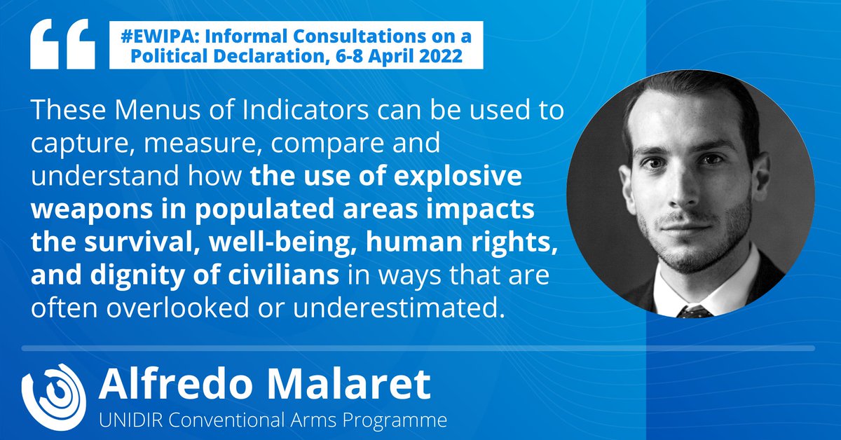UNIDIR's tweet photo. The devastating effects of using #ExplosiveWeapons in populated areas do not end with the initial blast.

That's why we offer menus of #EWIPA indicators that facilitate understanding &amp; documentation of reverberating impacts:

1️⃣ https://t.co/EbYFT9IBMA
2️⃣ https://t.co/pytnzgd6lI https://t.co/07cZlebtuW