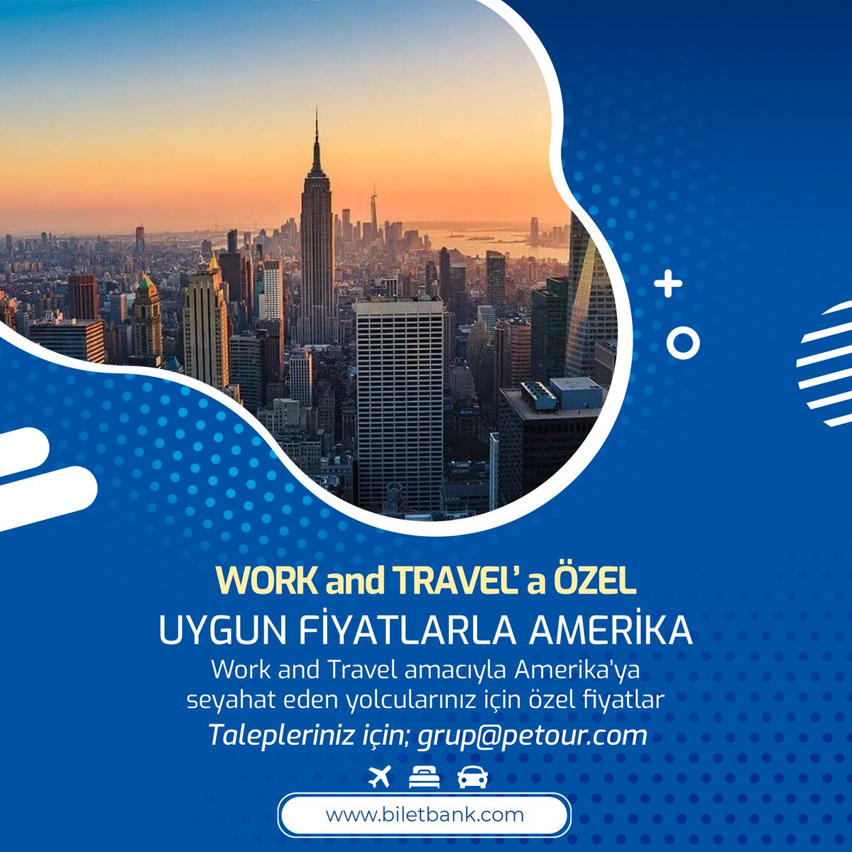 Work and Travel amacıyla Amerika Birleşik Devletleri'ne seyahat edecek yolcularınız için THY, Lufthansa, Air France, KLM Airlines'ta geçerli indirimli özel fiyatlarımız mevcuttur.

Özel fiyatlarımız için; grup@petour.com adresine mail atabilirsiniz. #biletbank #workandtravel