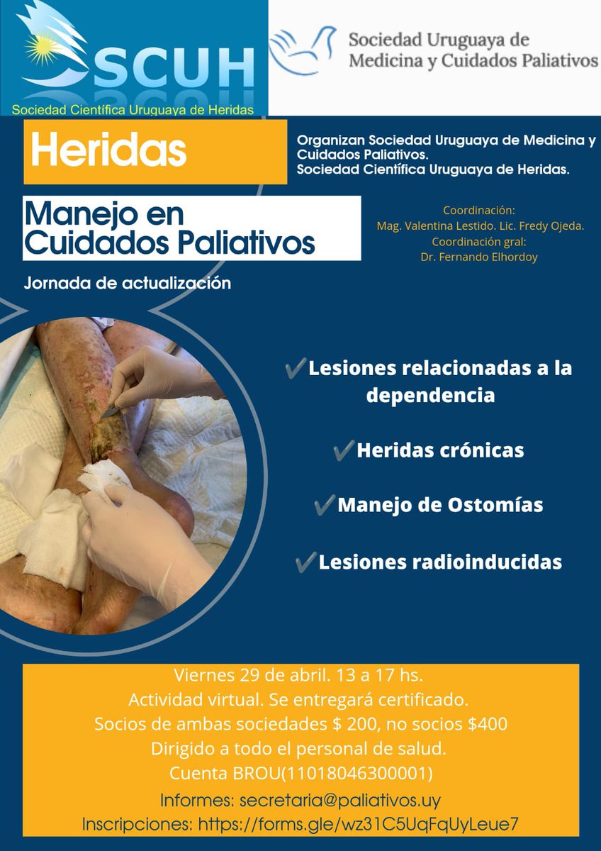 VLestido's tweet photo. 🗓viernes 29/4 
Junto a @FredyOjedaC y @felhordoy 
⭕️ Manejo de heridas en cuidados paliativos ⭕️
@paliativosuy y Sociedad Científica Uruguaya de Heridas https://t.co/AEVpCJ9NCi