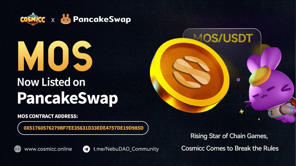 cosmicc_gamefi's tweet photo. π£ Announcement: $MOS is now listed on #PancakeSwap!
π The MOS/USDT liquidity pool is now available with #MOS, the core token of #Cosmicc, being officially listed on @PancakeSwap.
β Add $MOS contract address:
0x51760576279bF7Ee35631d33edE4757De19D985D
#BSCgem #BNBChain https://t.co/RiVnpdwsjC