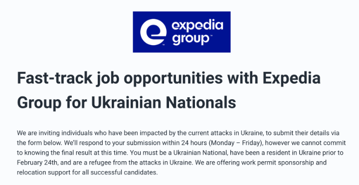 lu_cy_lu's tweet photo. At Expedia Group we're offering fast-tracked job opportunities with work permit sponsorships and relocation packages to Ukrainians who have been displaced or impacted by the current attacks.

Find out more and complete our form here https://t.co/RA1CI3KnW1 https://t.co/oKSU5Xnv13