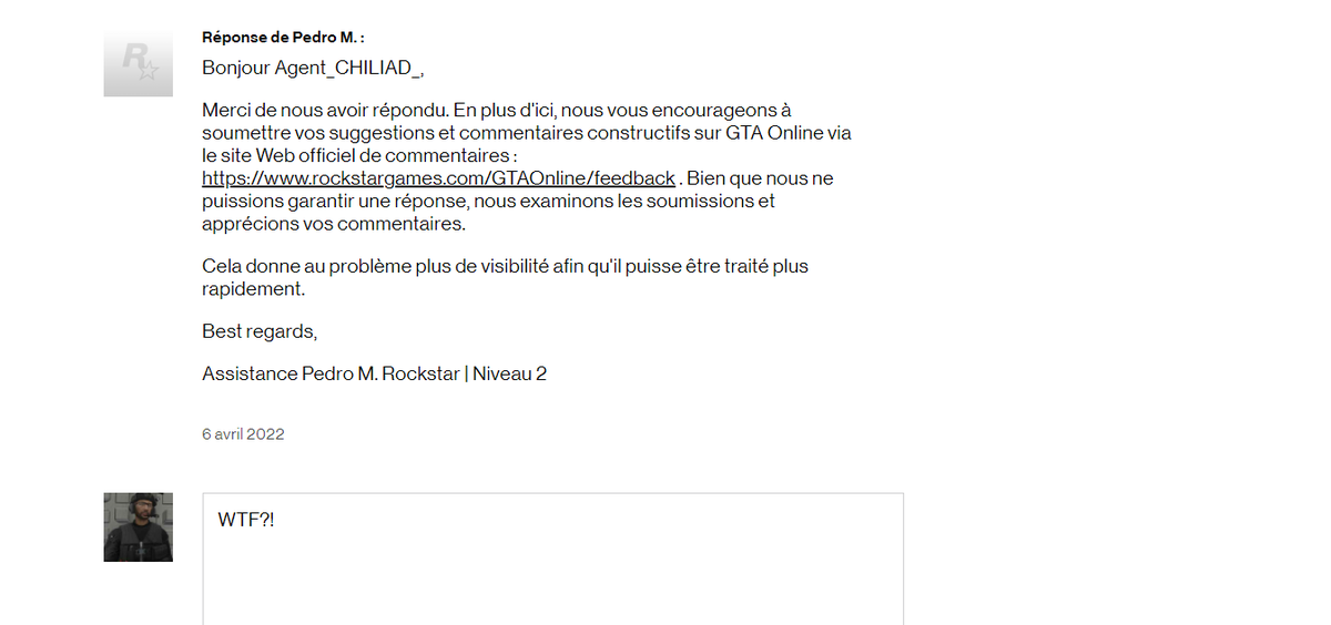 TRUTH_PROJECT_'s tweet photo. Je signale un problème qui concerne la majorité des joueurs #GTAOnline et la réponse du @RockstarSupport est complétement hors-sujet, comme à chaque ouverture de ticket d'assistance.
Belle preuve d'inefficacité. 👏👎
@RockstarGames https://t.co/blMuSxNNIf