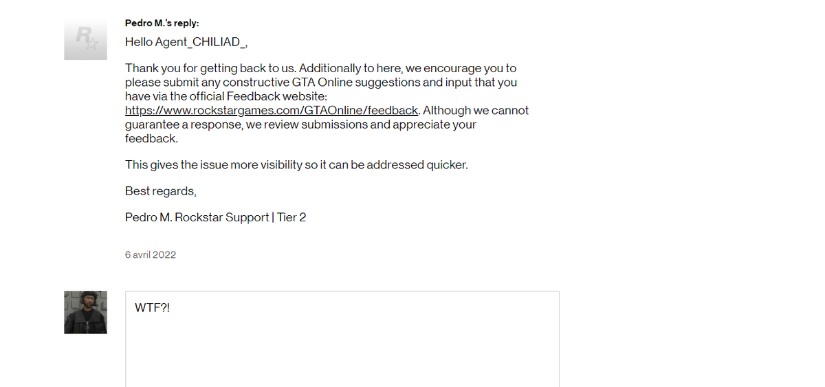 TRUTH_PROJECT_'s tweet photo. Je signale un problème qui concerne la majorité des joueurs #GTAOnline et la réponse du @RockstarSupport est complétement hors-sujet, comme à chaque ouverture de ticket d'assistance.
Belle preuve d'inefficacité. 👏👎
@RockstarGames https://t.co/blMuSxNNIf