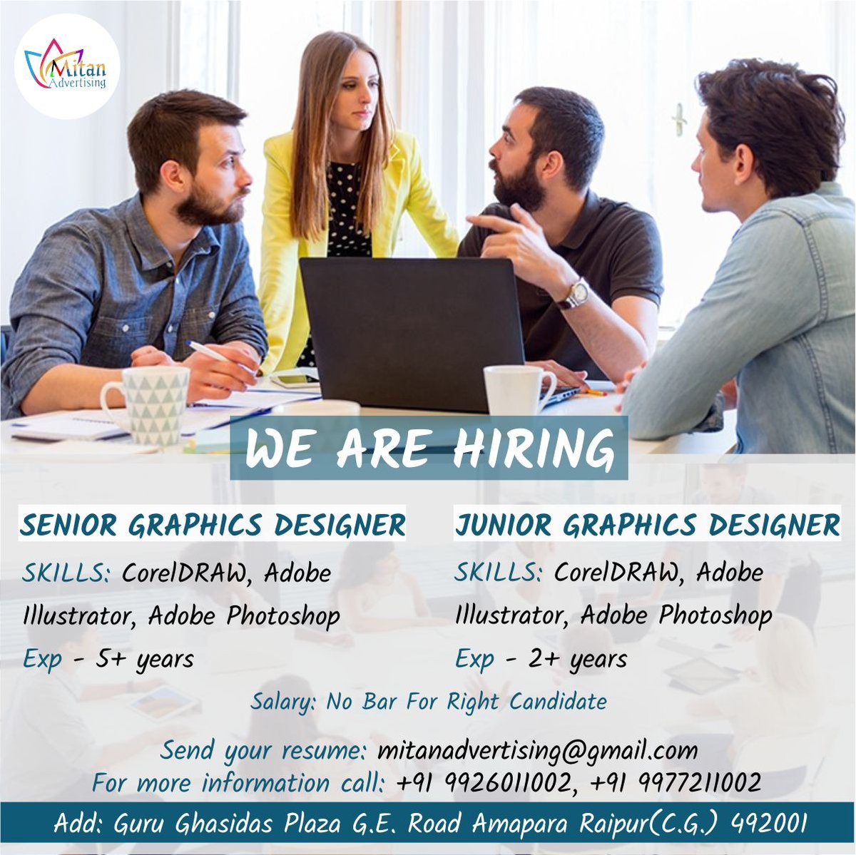 mitan_advertis's tweet photo. We are hiring. @Ajaytandon02 @CGChhatrani @saurabhdauji123 @ckschhattisgarh @RaipurDist https://t.co/8Bc1eeKykx