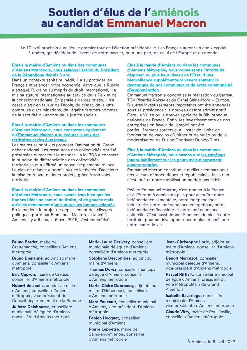 Tribune de soutien d’élus d’#Amiens au candidat Emmanuel #Macron ⤵️

#avecvous #5ansdeplus