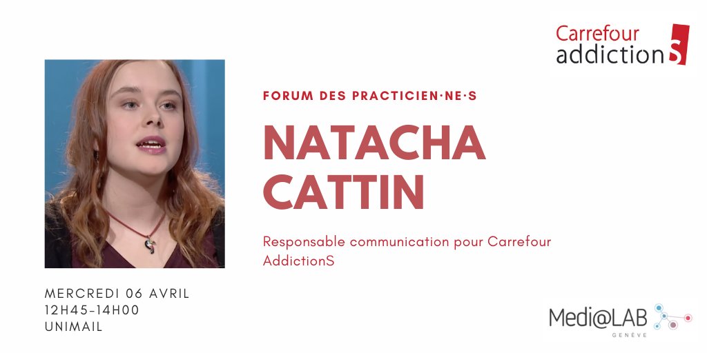LARA_DSRN's tweet photo. 🔜Les conférences du #forumdespraticiens continuent! 

Le @medialab_geneva accueille Natacha Cattin, responsable communication chez Carrefour AddictionS.💭
C'est maintenant à l' @UNIGEnews et sur  @Twitter en live !
#LiveTweet #medialive #addiction 📲 https://t.co/d2eoWXh6ly