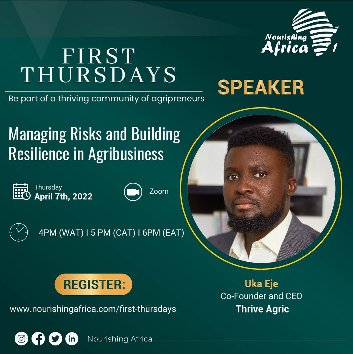 Our second speaker for tomorrow's First Thursdays, <a href="/EjeUka/">Uka Eje</a>, is the CEO and Co-Founder of <a href="/thriveagric/">ThriveAgric</a> which is among the fastest-growing agri-techs in Nigeria. It focuses on solving the three major challenges of access to finance, data-driven advisory, and premium markets.