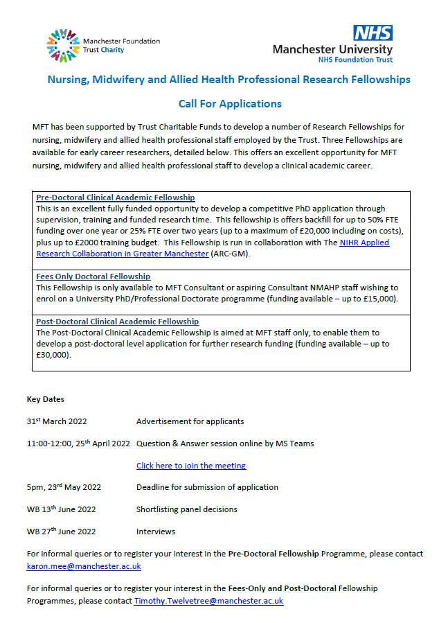 mcrcatalys's tweet photo. MFT NMAHP Research Fellowships are now open for applications from Nurses, Midwives and Allied Health Professionals employed by MFT. @prof_briggs @alisonlynch65 @MFT_Research @jdeanemsk @DrPennyLewis https://t.co/9Yh6qUWhYn