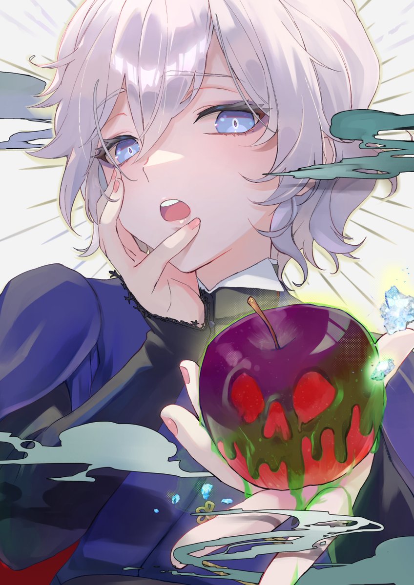 fruit food blue eyes apple solo male focus white hair  illustration images