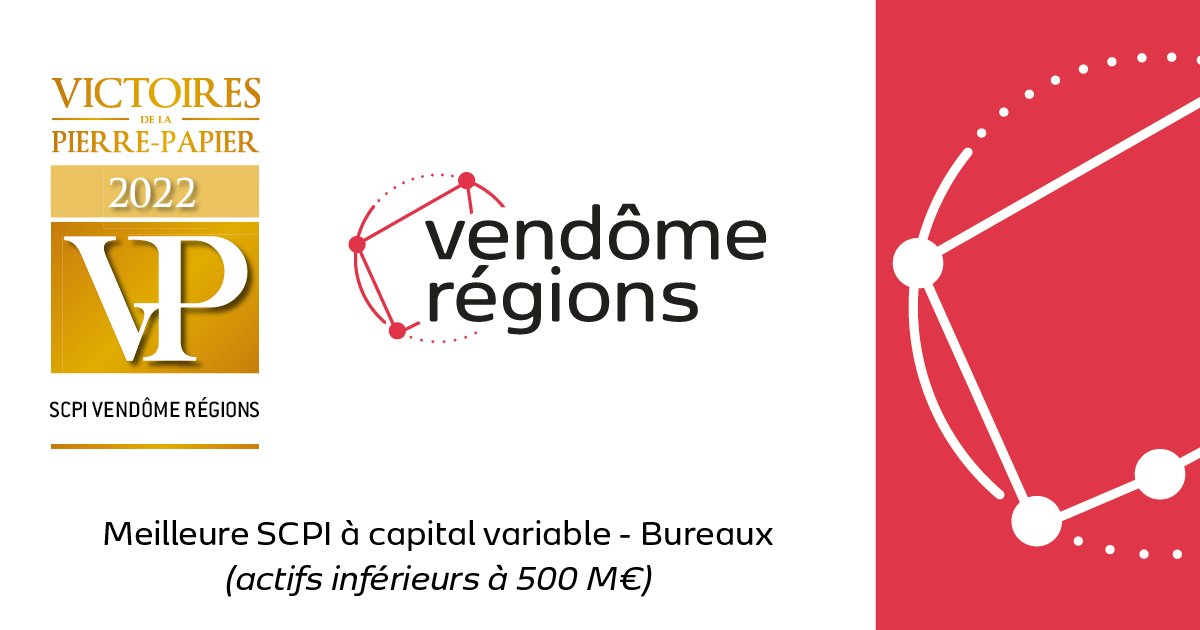 🏆 [#RECOMPENSE] Vendôme Régions récompensée aux Victoires de la Pierre Papier 2022 !
--
Investir en SCPI comporte certains risques : risque de perte en capital, risque lié au marché immobilier, à la commercialisation des locaux et à leur gestion.
--