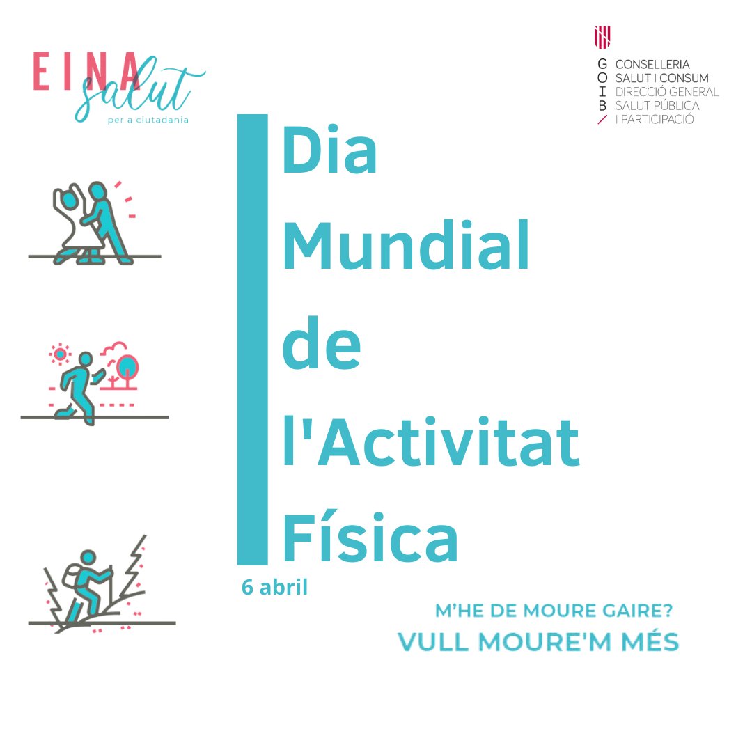 🏃‍♀️🏃‍♂️En el Dia mundial de l'Activitat Física, val la pena recordar que moure's cada dia és bo per a la salut d'avui i per a l'autonomia de demà. 

👇Segueix els consells que et donam des de <a href="/SalutPublicaIB/">Salut Pública Illes Balears</a>:👇

#EinaSalut
#DiaMundialActivitatFísica