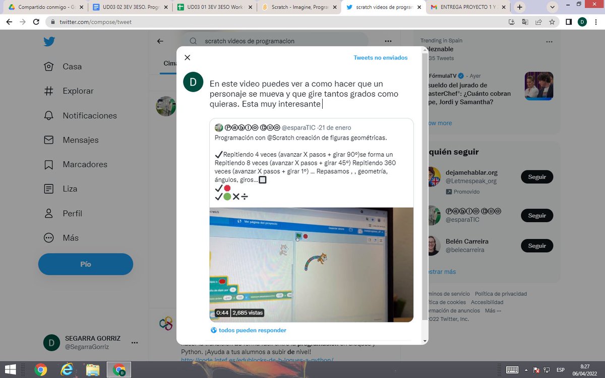 SegarraGorriz's tweet photo. En este video puedes ver a como hacer que un personaje se mueva y que gire tantos grados como quieras. Esta muy interesante #ScratchCCs21 #DSGCCs21 #3ESOCCs21 https://t.co/Yf9evA6u20