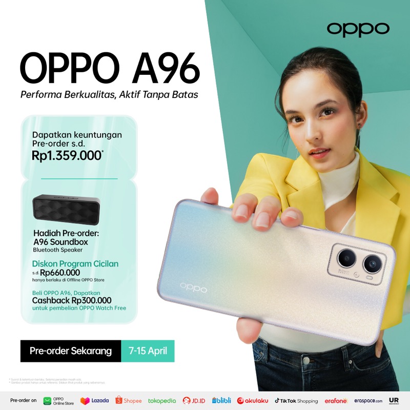 OPPOIndonesia's tweet photo. Miliki #PerformaEkstra handal dari #OPPOA96 untuk keseharian yang lebih ekstra dengan memori ROM 256GB ekstra besar &amp; RAM 8GB + 5GB. 🗂⚡️

Dapatkan penawaran eksklusif dengan pre-order OPPO A96 untuk miliki total keuntungan Rp1.359.000 terbatas dari 7 - 15 April 2022!