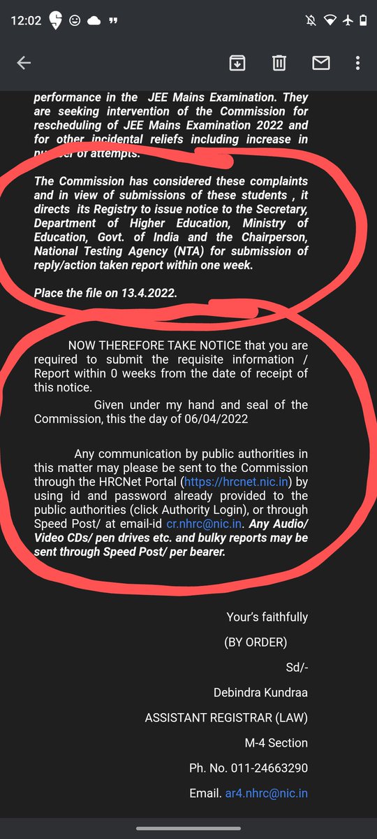 26_achintya's tweet photo. Guys NHRC HAS ACCEPTED OUR REQUEST AND INSTRUCTED NTA TO IMMEDIATELY RESPOND.
REFER TO SS : 
@NSUI @AIJNSA_official
@ThePradeepRawat
@anubha1812
#JEEStudentsWantJustice https://t.co/y1HGuQ86QS