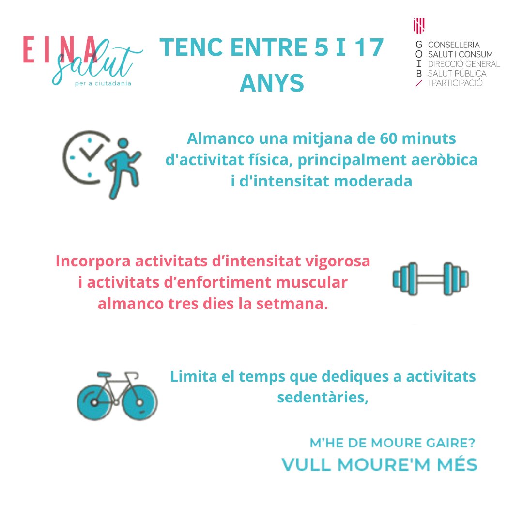 👇Consells per fer activitat física per a les persones d'entre 5⃣ i 1⃣7⃣ anys👇

#EinaSalut
#DiaMundialActivitatFísica