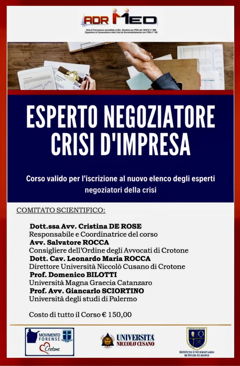 Movimento Forense #webinar #Crotone dal 14.4.2022 ore 15:00  “CORSO DI ESPERTO NEGOZIATORE CRISI D’IMPRESA” 
<a href="/alalumia/">Nino La Lumia</a> <a href="/MCesali/">Massimiliano Cesali</a> <a href="/radiotribunale/">RadioTribunale</a> <a href="/roccasalvatore2/">Avv. Rocca Salvatore</a>