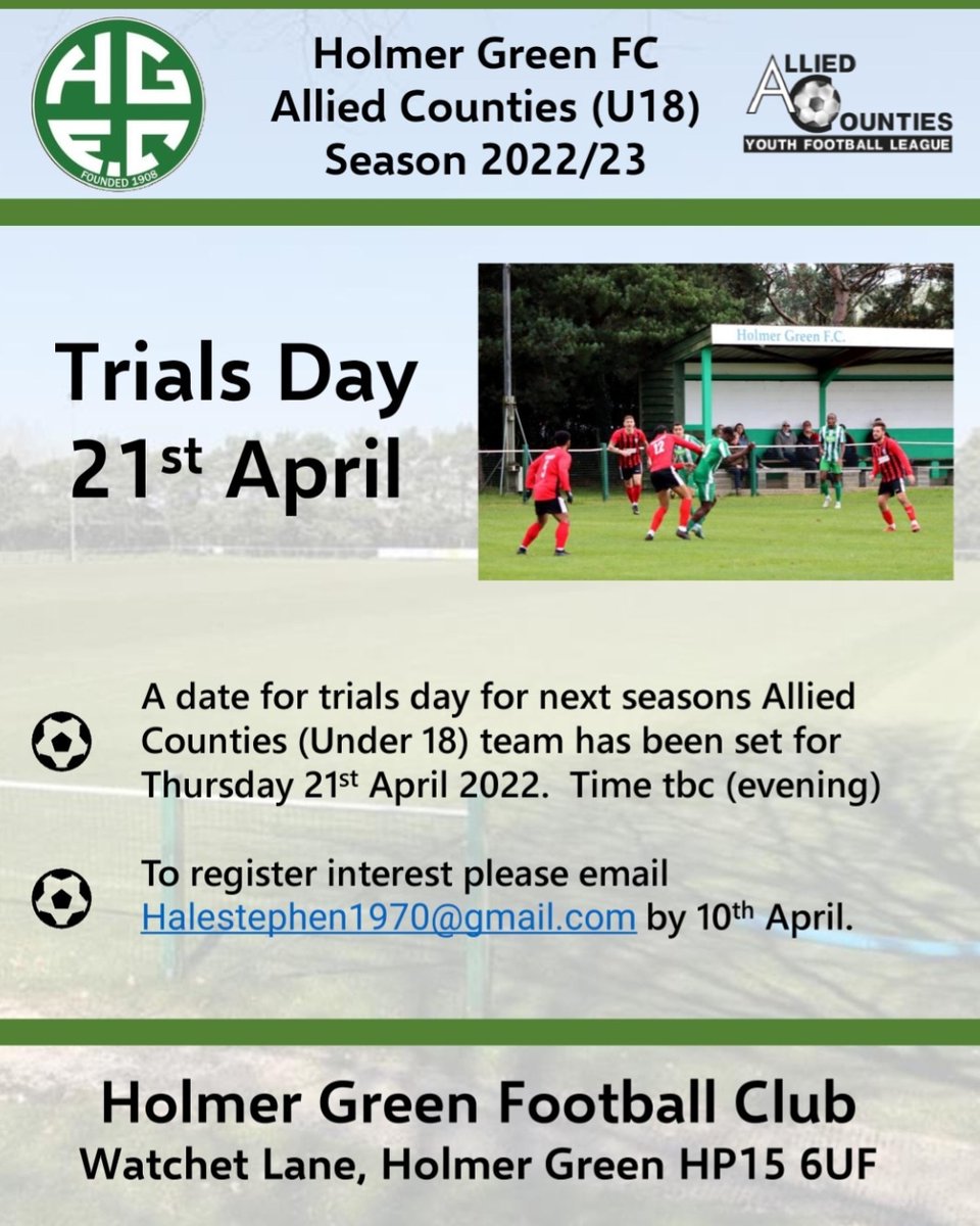 Wisey999's tweet photo. Cut off for Registration for @HolmerGreenFC Allied Counties U18 trial is fast approaching.
Thank you to all that have contacted us already. 
If you are in school Year 10, Year 11 or Year 12 from this September and want to play midweek football, please get in touch. #Detailsbelow https://t.co/GOiiiVTM09