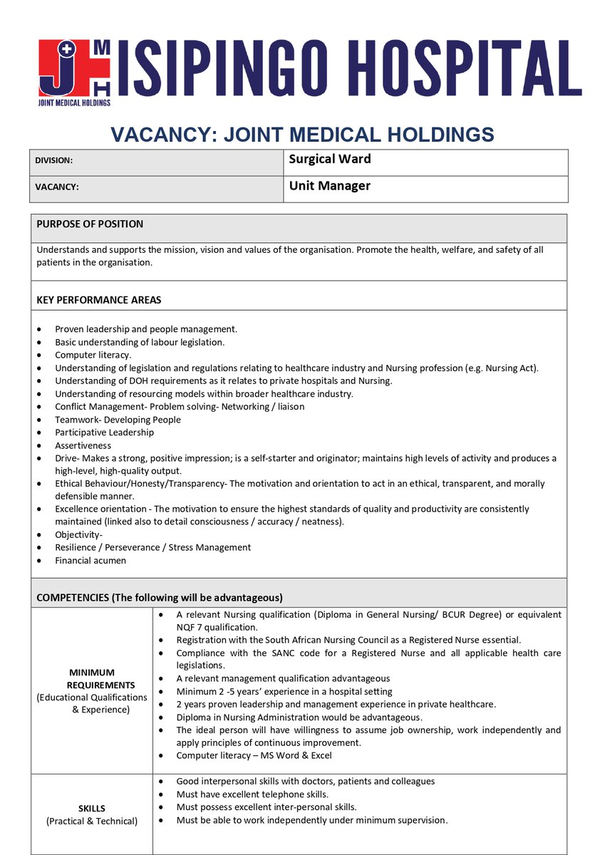 JointMedicalHol's tweet photo. JMH Latest Job openings - Unit Manager
Visit :- https://t.co/2vzeAHQioI to view full job spec.
Closing date for application is 11th April 2022
#Jmh #Jointmedicalholdings #Isipingohospital #vacancy #jobvacancy #southafrica #Unitmanager #jobalert #job2022 https://t.co/YwJz6WQOe7