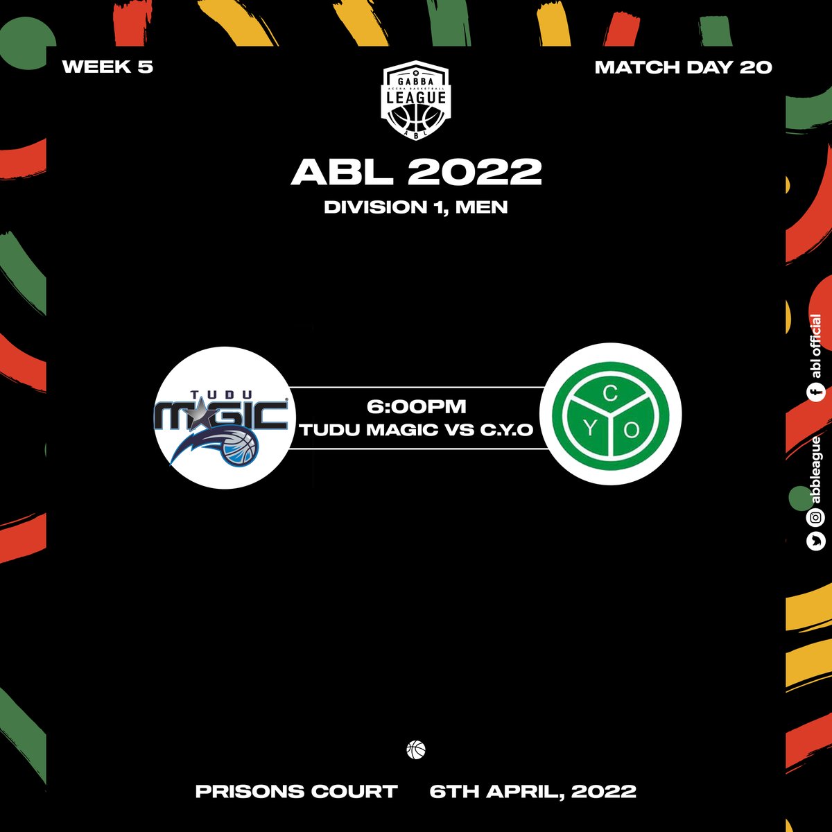 Abbleague's tweet photo. FIXTURES
06.04.2022
DIVISION 1, WOMEN 
GAME 51
BRAVES VS UG
GAME 52
REFORMERS VS AIRFORCE

DIVISION 1, MEN
GAME 53
TUDU MAGIC VS C.Y.O

#ABL2022 https://t.co/phUpv1ar6M