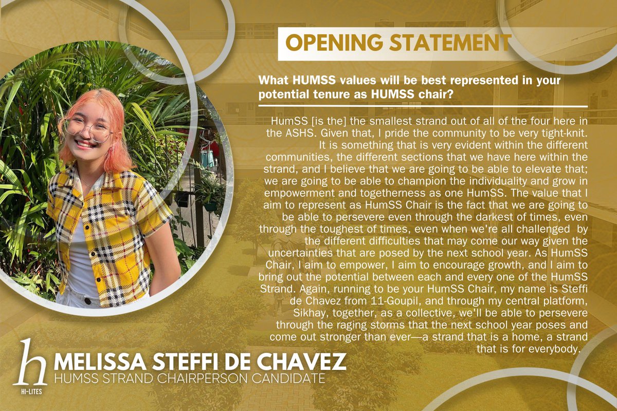 HiLitesASHS's tweet photo. Heads up, HumSS juniors! 💛
ICYMI: Read the statements of the HumSS Chair Candidates during the Miting de Avance held yesterday, April 5, 2022. (1/8)
#ASecondLook🔍
Pubmat by Jaemie Talingdan and Justin Delas Armas https://t.co/cP55l6IEjx
