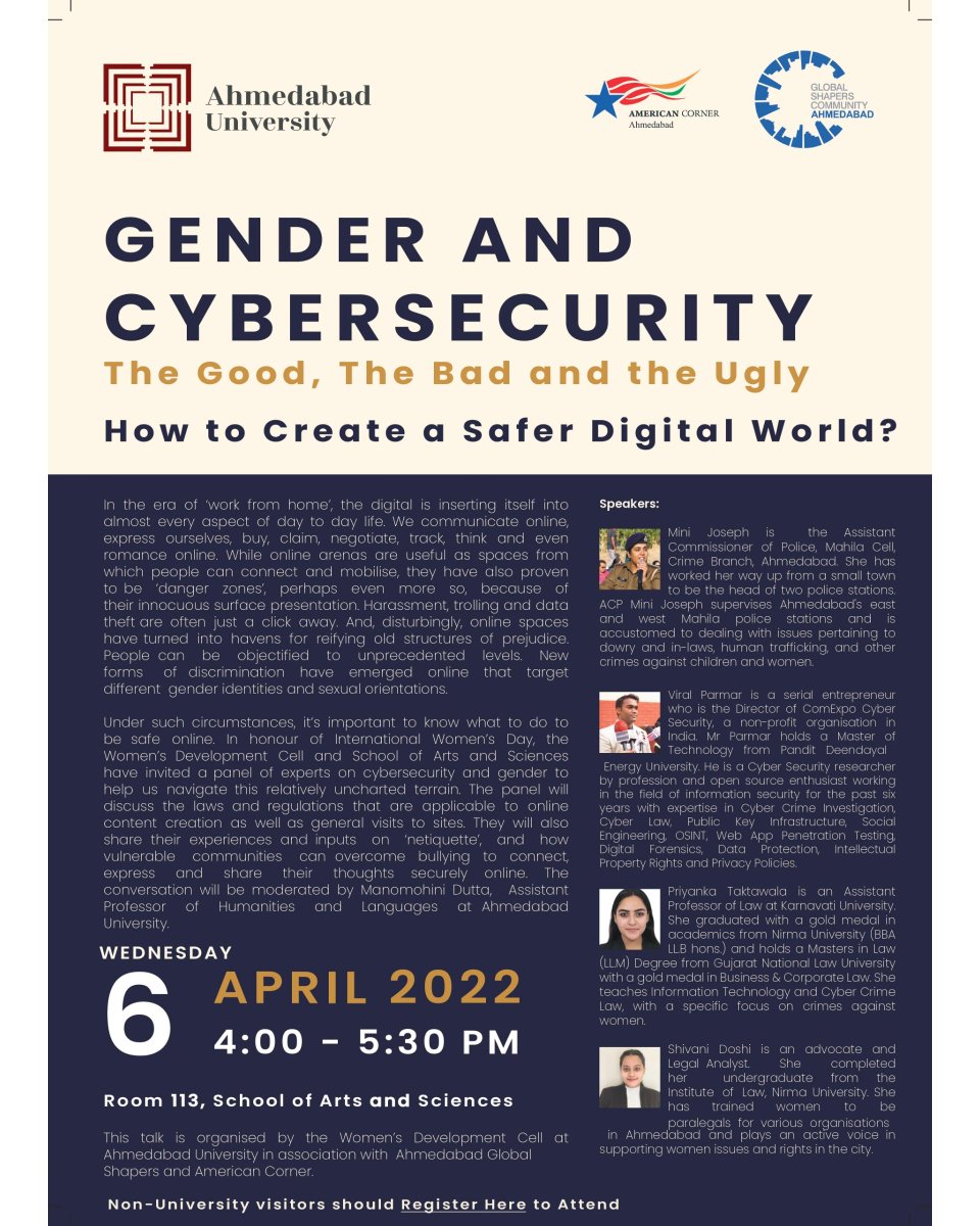 An interactive discussion on "Gender and Cybersecurity" Happening today (6th April) at Ahmedabad University. 

*Open for all

Register on - bit.ly/genderandcyber…

Time- 4 PM onwards
Venue- SAS Room 113, Ahmedabad University

Followed by refreshments and networking.