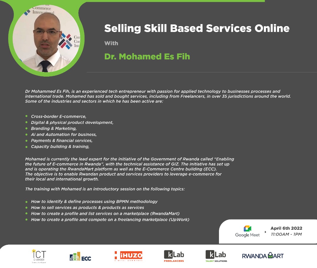 iHuzoRwanda's tweet photo. Hurrah! Another opportunity with #iHuzo! Welcome all to this online training on Selling Skill Based Services Online. It's today 11:00am – 1:00pm. Just click here to attend https://t.co/k2H0uF6Dtl. 
@AFRwanda @rwictchamber @klabrw @rwandamart https://t.co/CjchRYVACq