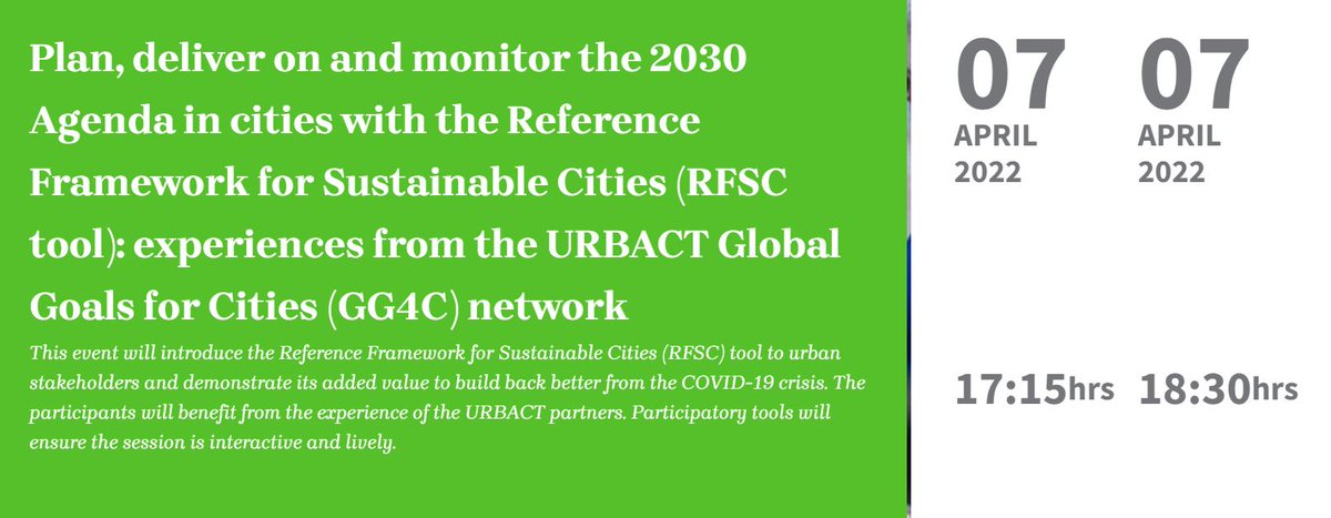 URBACT's tweet photo. Discover the Reference Framework for Sustainable Cities (#RFSC) tool for online self-assessment, promoting integrated sustainable urban development!
Join a dedicated event tomorrow, 7 April, 17.15-18.30, and hear experiences from our @Local_SDGs network: https://t.co/s66W5tKbHx https://t.co/J0RIlZsOxh
