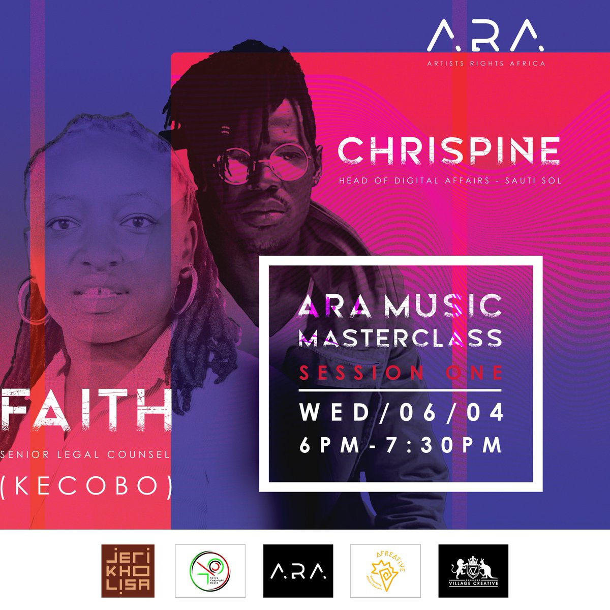 KenyaCopyright's tweet photo. Get ready for the ARA MUSIC MASTER CLASS TRAINING SESSION ONE ! beginning tonight 6th April at 6.00Pm - 7.30Pm with KECOBO Senior Legal Counsel, Ms. Faith Amatika @amatika_faith &amp; Head of Digital Affairs ~ Chrispine @sautisol 
 
Entry is free, register ➡️ https://t.co/WDYHj3IO4Q https://t.co/5hPNEA7IPi