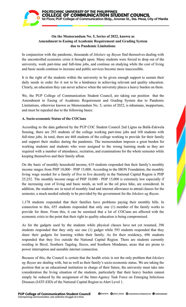 PUP_COCSC's tweet photo. READ: PUP-COC SC sent a position paper to the college administration, Sentral na Konseho ng Mag-aaral, and Office of the Student Regent regarding the Memorandum No. 5, Series of 2022 or the Amendment to Easing of Academic Requirement and Grading System Due to Pandemic Limitations https://t.co/1VVoJsZm09