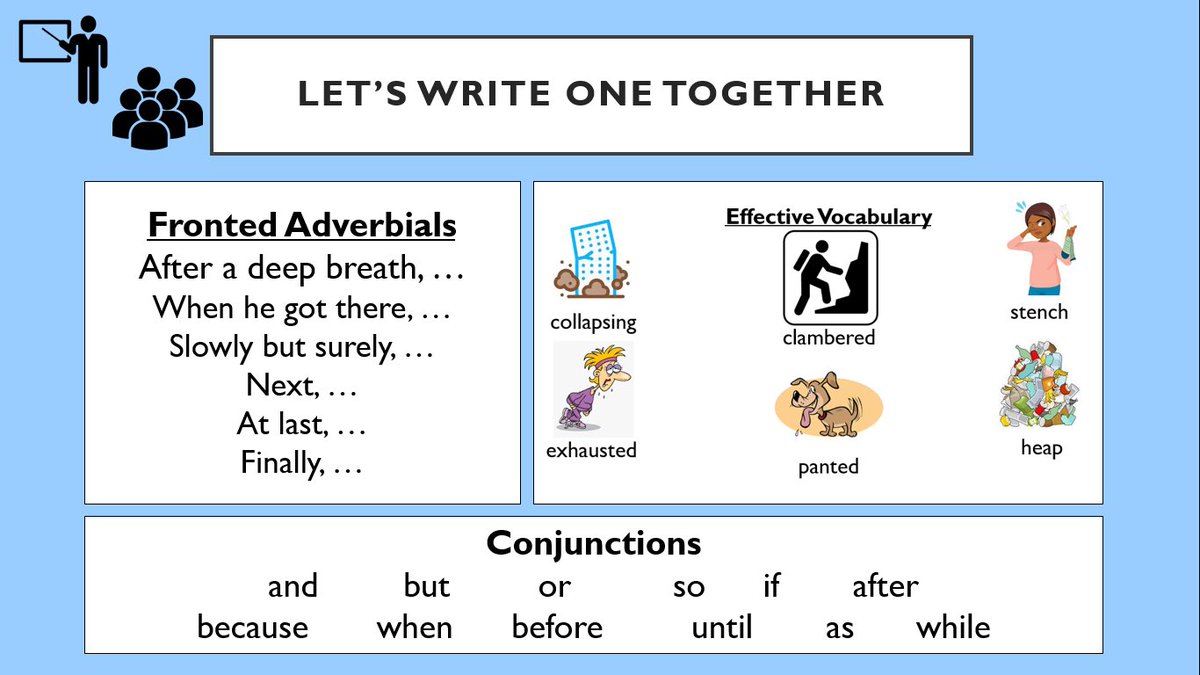MrAllington's tweet photo. When modelling writing I go through a really clear structure each time:

1. Introduce ambitious vocabulary
2. Read and discuss WAGOLL
3. Shared write
4. Independent writing

Here’s what the slides look like. One of the more bizarre model texts I’ve written, I won’t lie! 🙈💩😂 https://t.co/yfcSH0pK0w
