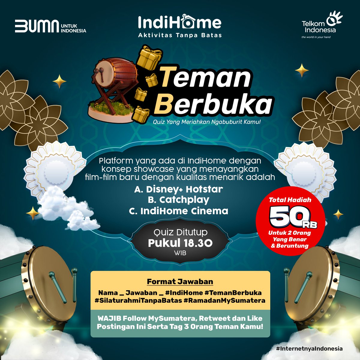 MySumatera's tweet photo. Yukyuk Ngabuburit lagi Bareng @MySumatera ✨

Yok ikutan, cuman sampai jam 18.30 WIB sore ini aja dan dapatin total hadiah IDR 50rb untuk 2 orang pemenang 🔥

Cek syaratnya yak!☀️

#TemanBerbuka #IndiHome #Giveaways #GiveawayAlert #RamadanMySumatera #SilaturahmiTanpaBatas https://t.co/hCGeeuDx2V