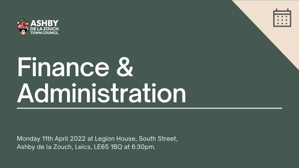 Our next Town Council meeting - Finance &amp; Administration Committee - will be taking place on Monday 11th April 2022 at Legion House, South Street, Ashby de la Zouch, Leics, LE65 1BQ at 6:30pm.

Visit our website to download the agenda:
ashbydelazouch.info/Agendas-and-Mi…