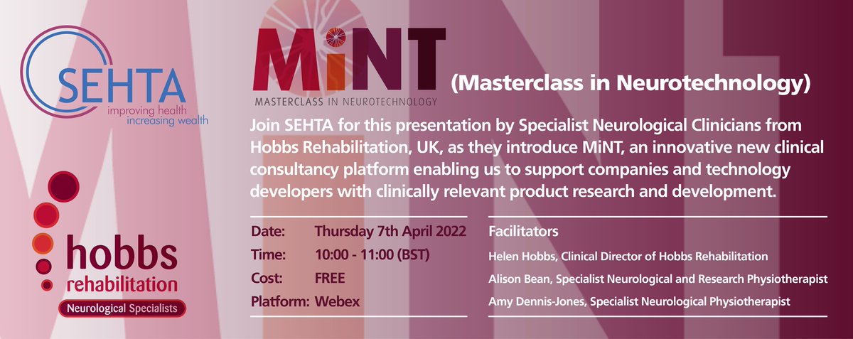 SEHTA_UK's tweet image. Last chance to register for @HobbsRehab FREE showcase on 7 April (10am-11am BST) to introduce #MiNT, their new clinical consultancy platform for #SMEs &amp;amp; #techdevelopers involved in #rehabilitation 👉bit.ly/3CcSZU9  
#neurology #stroke #upperlimbs #neurorehab #parkinsons