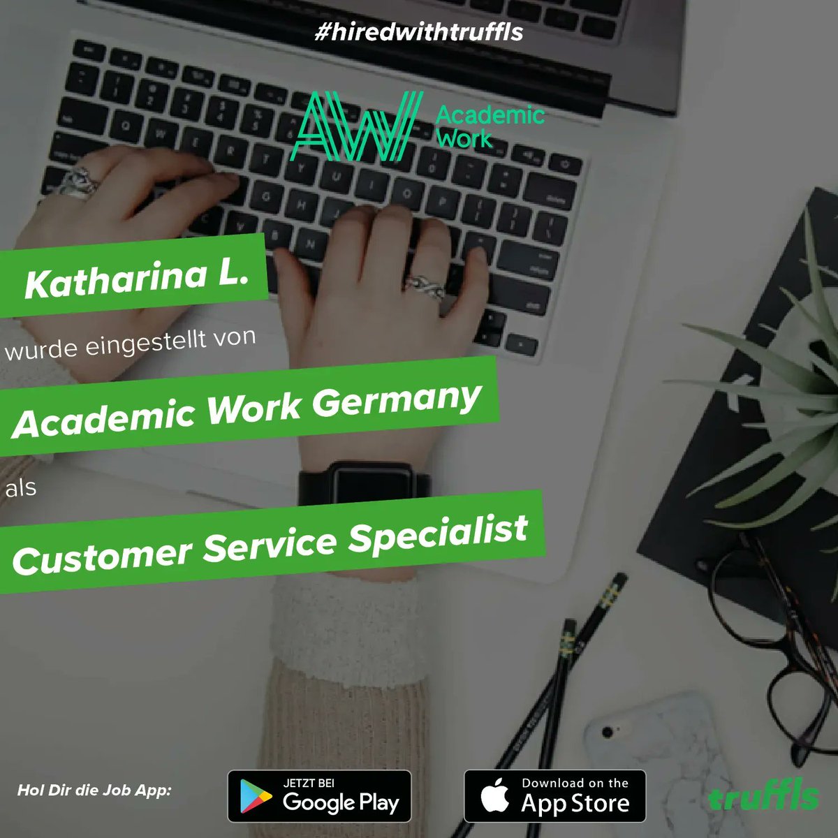 truffls's tweet photo. Und wieder haben sich zwei gefunden. Glückwunsch an Katharina &amp; Academic Work Germany 🥂 
#hiredwithtruffls #truffls #jobapp #hired #newjob #recruitment #careers https://t.co/yc0Av05vjP