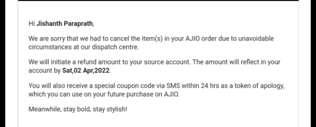 jishtwit's tweet photo. @AJIOLife is the special coupon indicated in mail(screenshot) valid one? I never recvd it and upon asking customer care they say I won't get coupon code for cancellation. Im not demanding a coupon because my order was cancelled but enquiring what I was informed in mail. https://t.co/9o7YRgd1i8