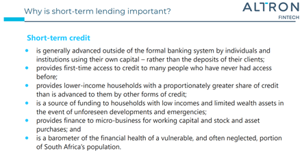 KeyterRech's tweet image. The @AltronFinTech Short-term Credit Impact (#AFSCI) Index tracks the bearing that this form of credit has on the South African economy. This is why it&apos;s important 👇
