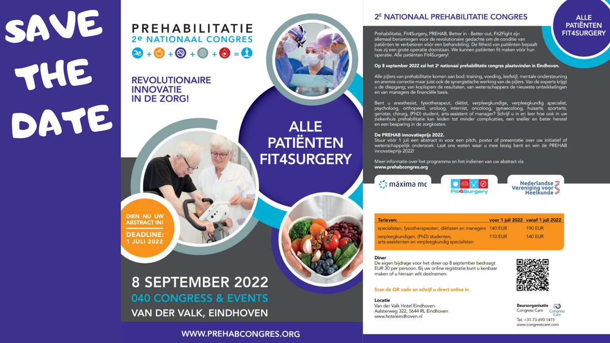 Het 2e nationale #prehabilitatie congres. Alles over #Fit4Surgery hoor je hier. De nieuwste ontwikkelingen, de richtlijnen, het eerste lijns netwerk en scholing, maar ook praktijkervaringen en de business case. Alle patiënten Fit4Surgery!