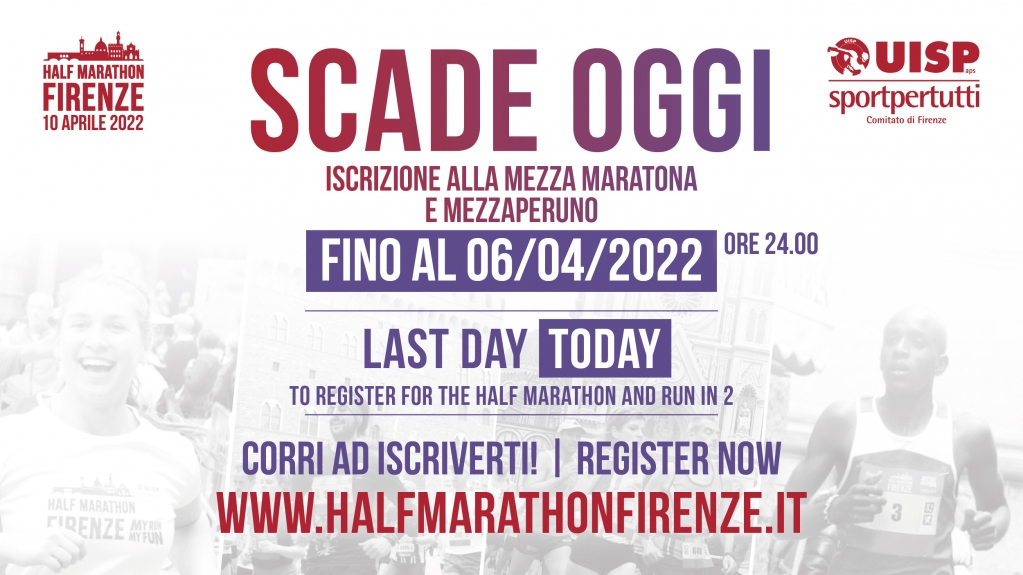 HMFirenze's tweet photo. SCADE OGGI! 😱
LE ISCRIZIONI ALLA MEZZA MARATONA 21,097KM e ALLA MEZZAPERUNO SCADONO OGGI 6 APRILE (ore 24.00)
Rimangono aperte le iscrizioni alla 10km Non competitiva.
Corri ad iscriverti alla Half Marathon Firenze UISP
➡️ https://t.co/OuGGGmZCPb https://t.co/KROSG7nrjL