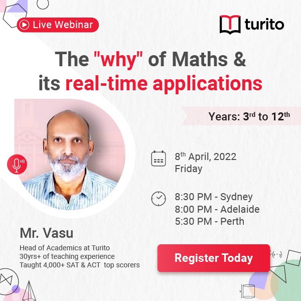 turitoaus's tweet image. Live Webinar Alert!
An exclusive session on understanding basic Maths concepts and their real-time applications.

Register for FREE now @ bit.ly/3uZSxpi

Date: 8th April 2022
Time: 8:30 PM - Sydney | 8:00 PM - Adelaide | 5:30 PM - Perth

#Turito #livewebinar #mathwebinar